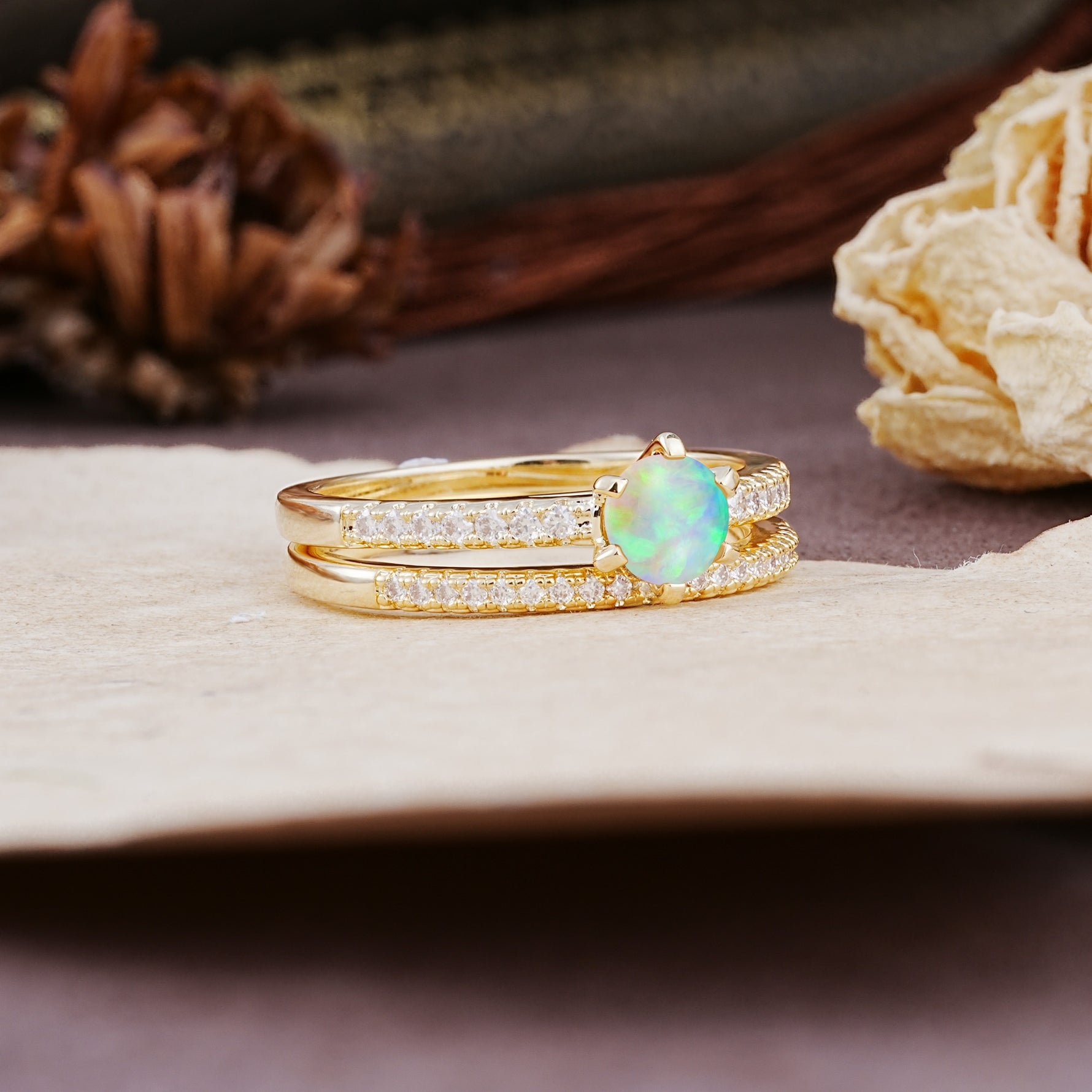 Simple 6 Prong Round Cut Fire Opal Wedding Bride Ring Set - Additional view