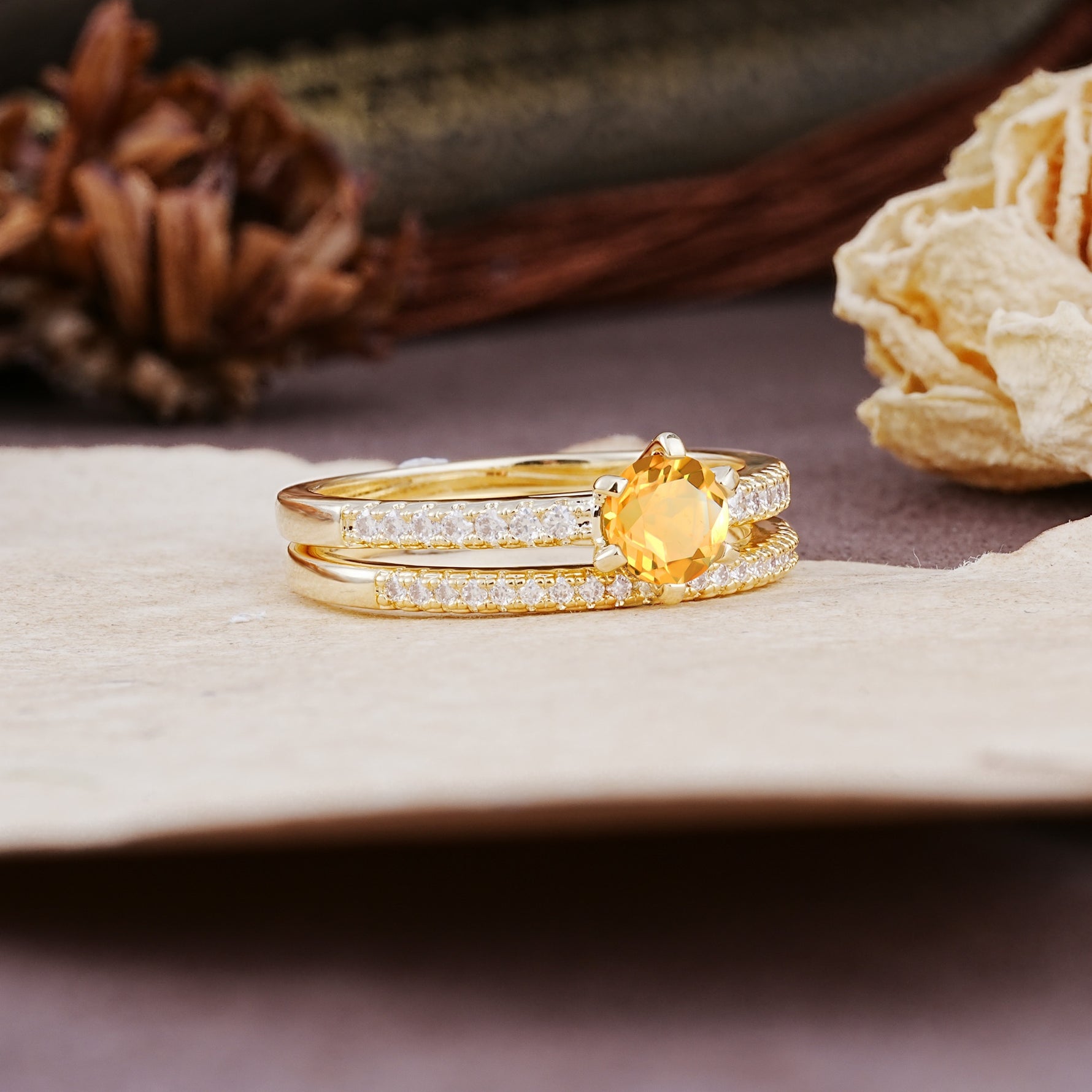 Simple 6 Prong Round Cut Citrine Wedding Bride Ring Set - Additional view