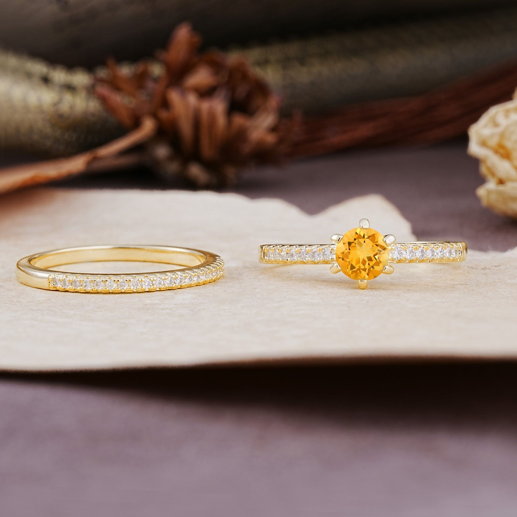 Simple 6 Prong Round Cut Citrine Wedding Bride Ring Set - Additional view