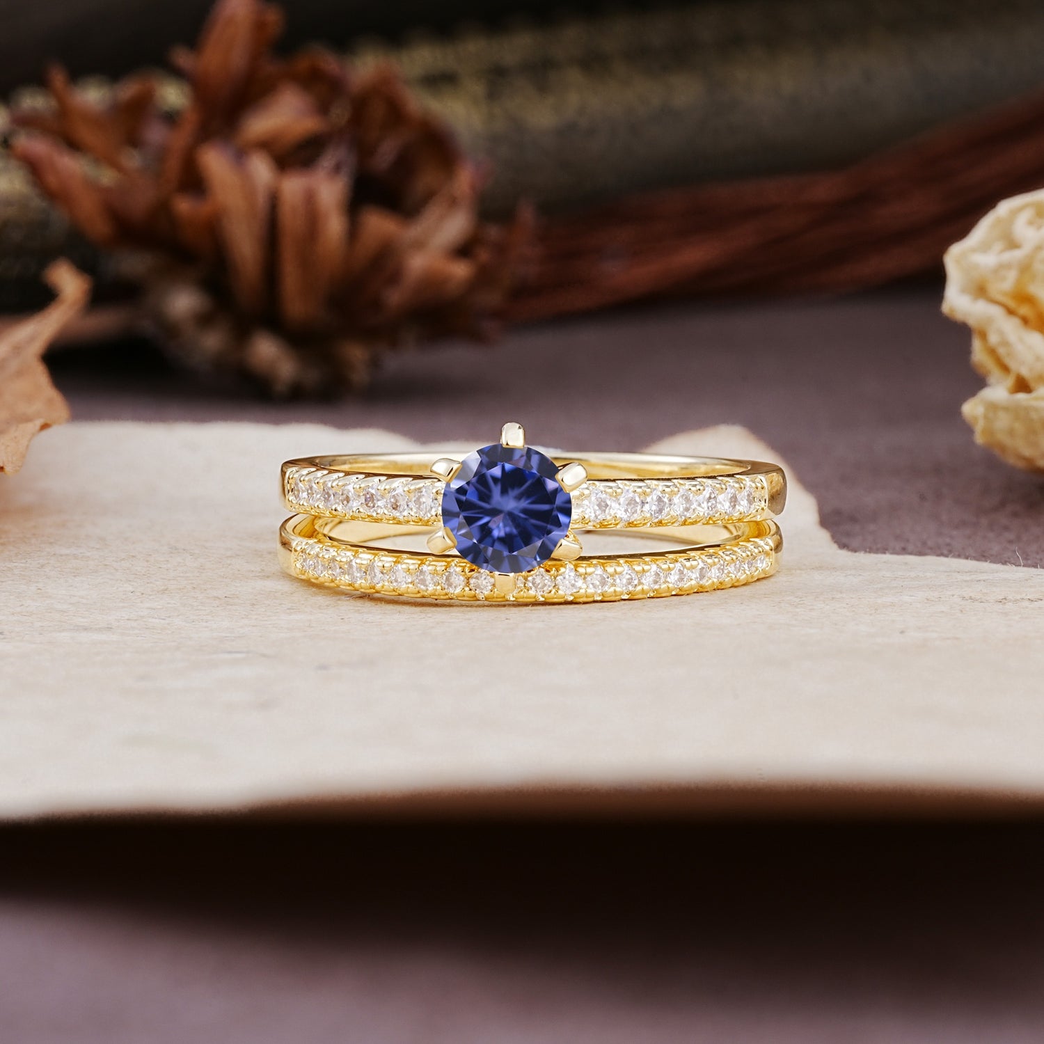 Simple 6 Prong Round Cut Tanzanite Wedding Bride Ring Set - Additional view