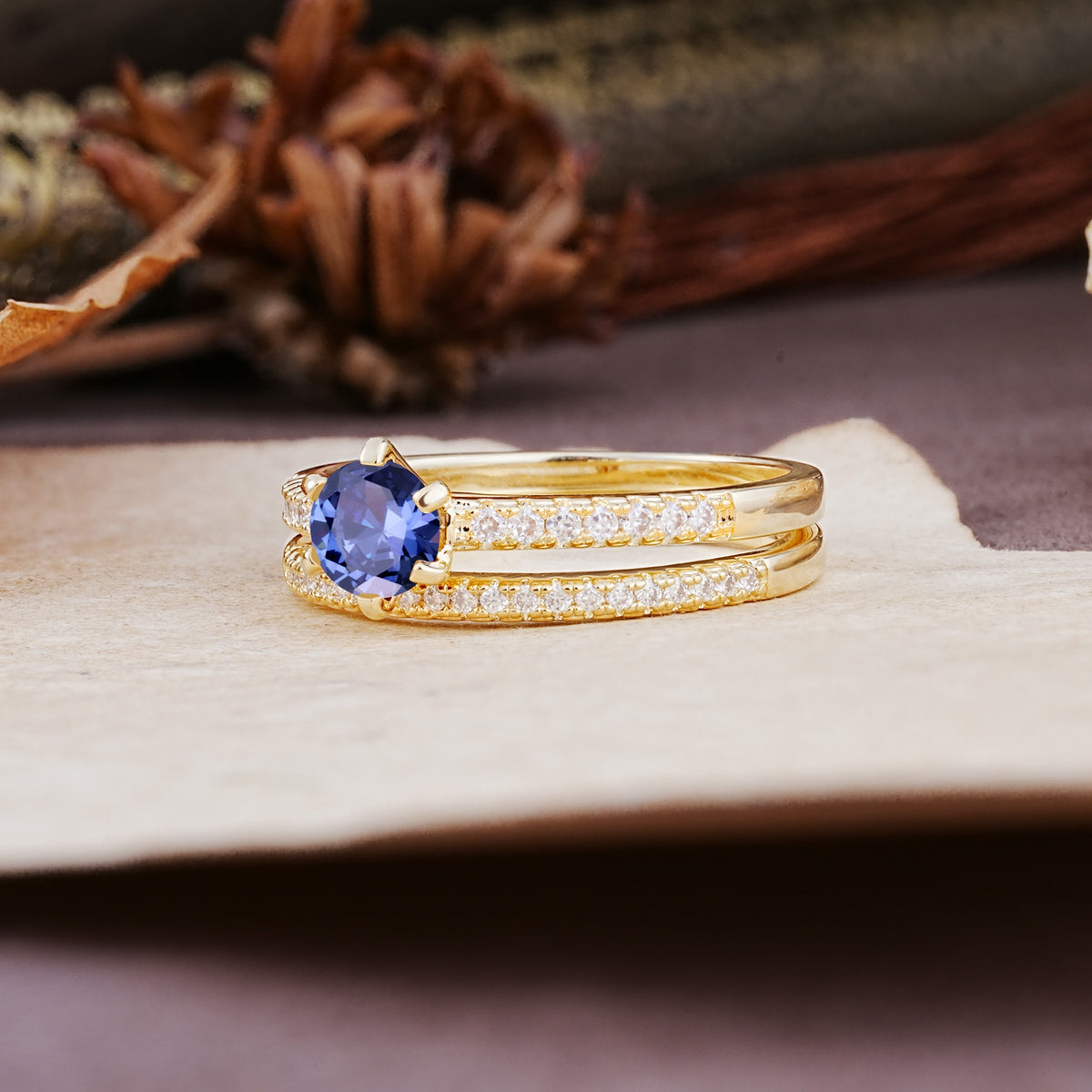 Simple 6 Prong Round Cut Tanzanite Wedding Bride Ring Set - Additional view