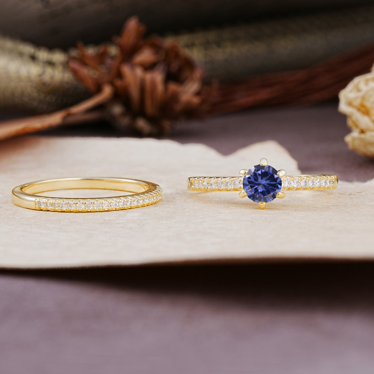 Simple 6 Prong Round Cut Tanzanite Wedding Bride Ring Set - Additional view