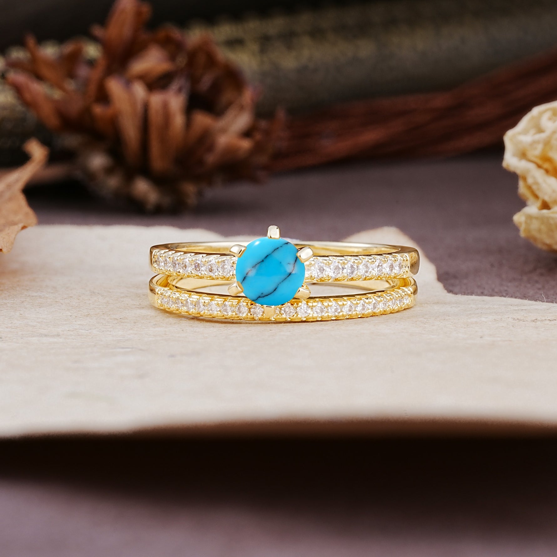 Simple 6 Prong Round Cut Turquoise Wedding Bride Ring Set - Additional view