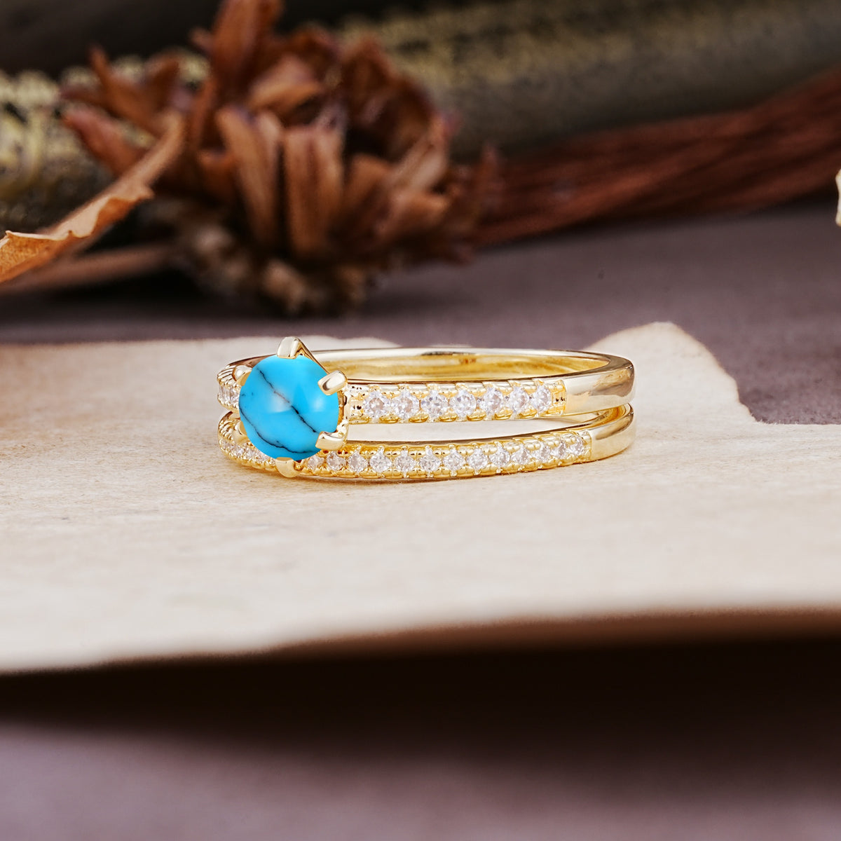 Simple 6 Prong Round Cut Turquoise Wedding Bride Ring Set - Additional view