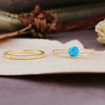 Simple 6 Prong Round Cut Turquoise Wedding Bride Ring Set - Additional view