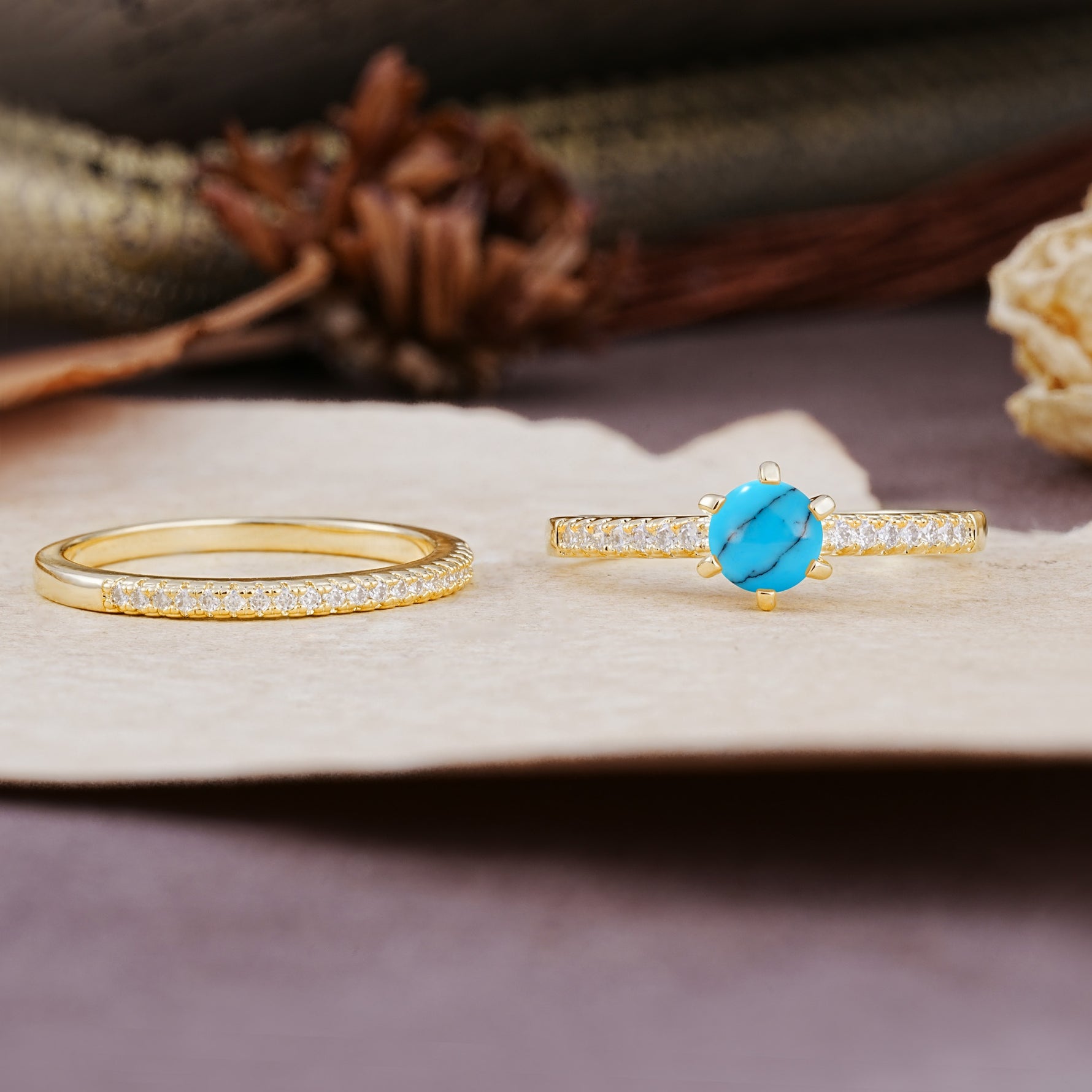 Simple 6 Prong Round Cut Turquoise Wedding Bride Ring Set - Additional view
