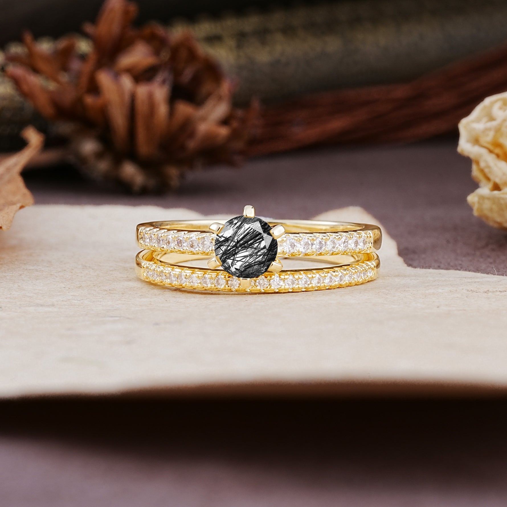 Simple 6 Prong Round Cut Black Rutilated Quartz Wedding Bride Ring Set - Additional view