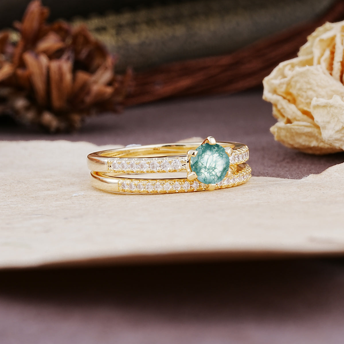 Simple 6 Prong Round Cut Moss Agate Wedding Bride Ring Set - Additional view
