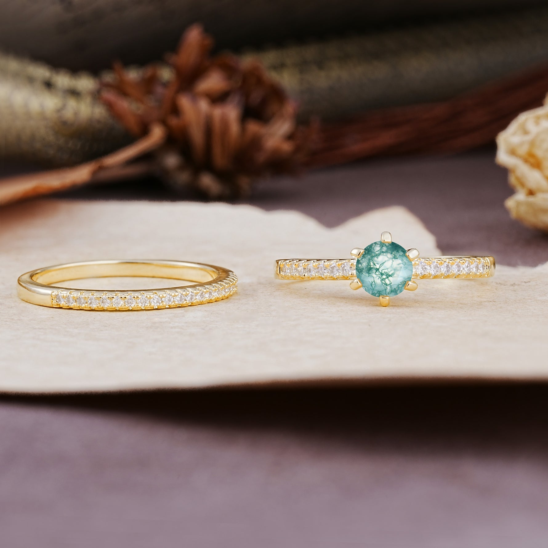 Simple 6 Prong Round Cut Moss Agate Wedding Bride Ring Set - Additional view
