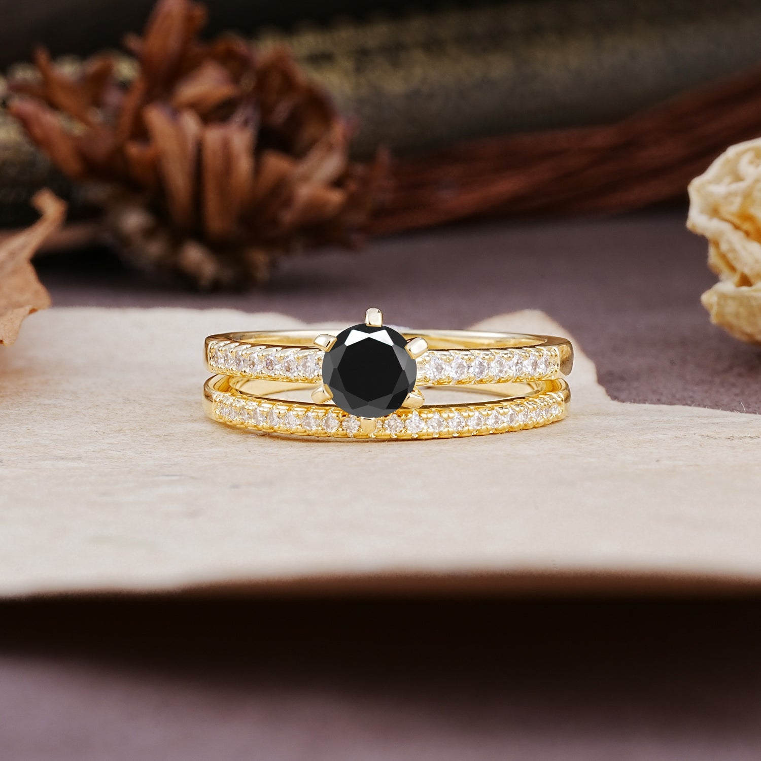 Simple 6 Prong Round Cut Black Onyx Wedding Bride Ring Set - Additional view
