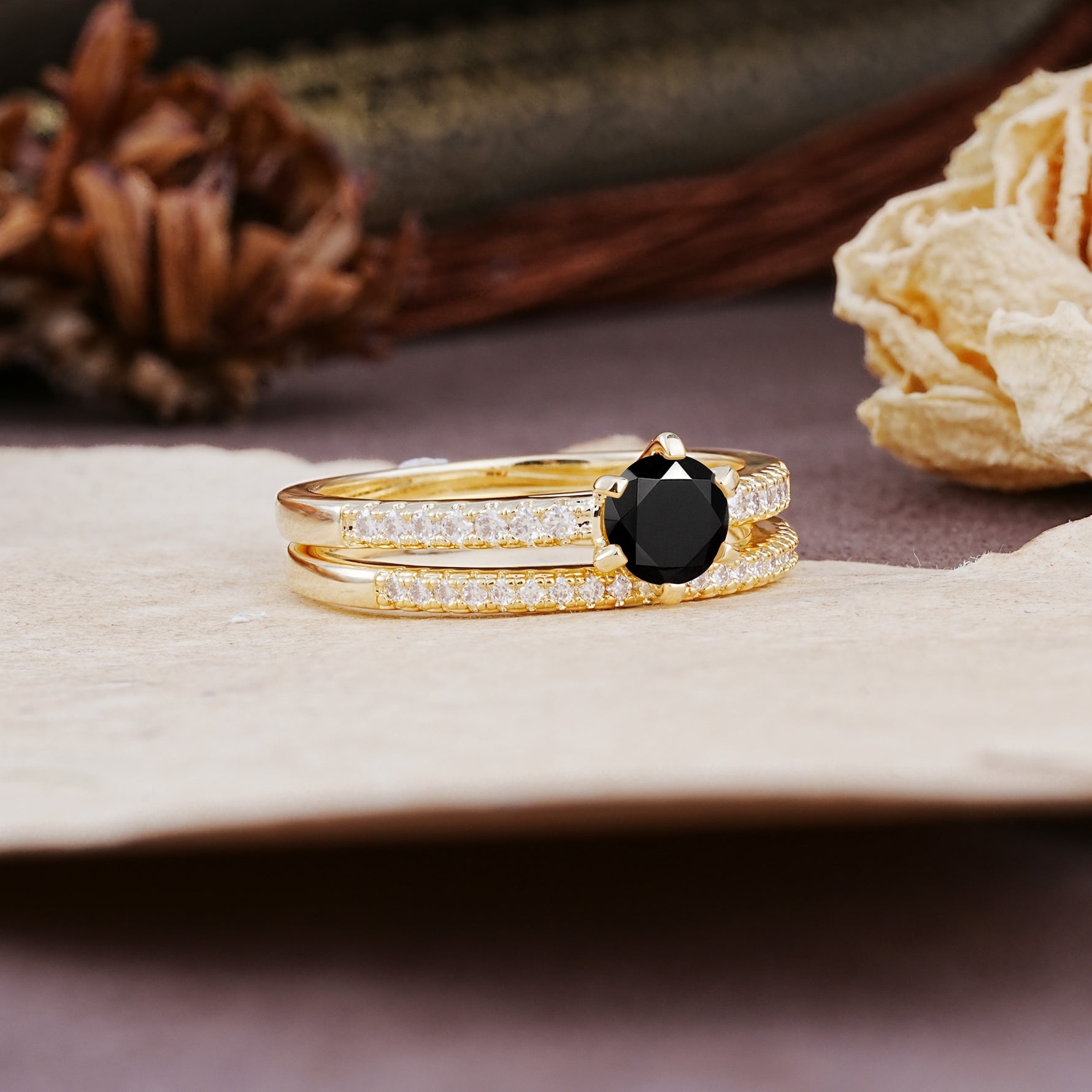 Simple 6 Prong Round Cut Black Onyx Wedding Bride Ring Set - Additional view