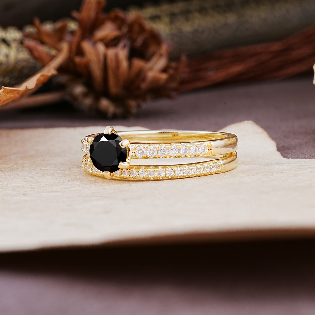 Simple 6 Prong Round Cut Black Onyx Wedding Bride Ring Set - Additional view