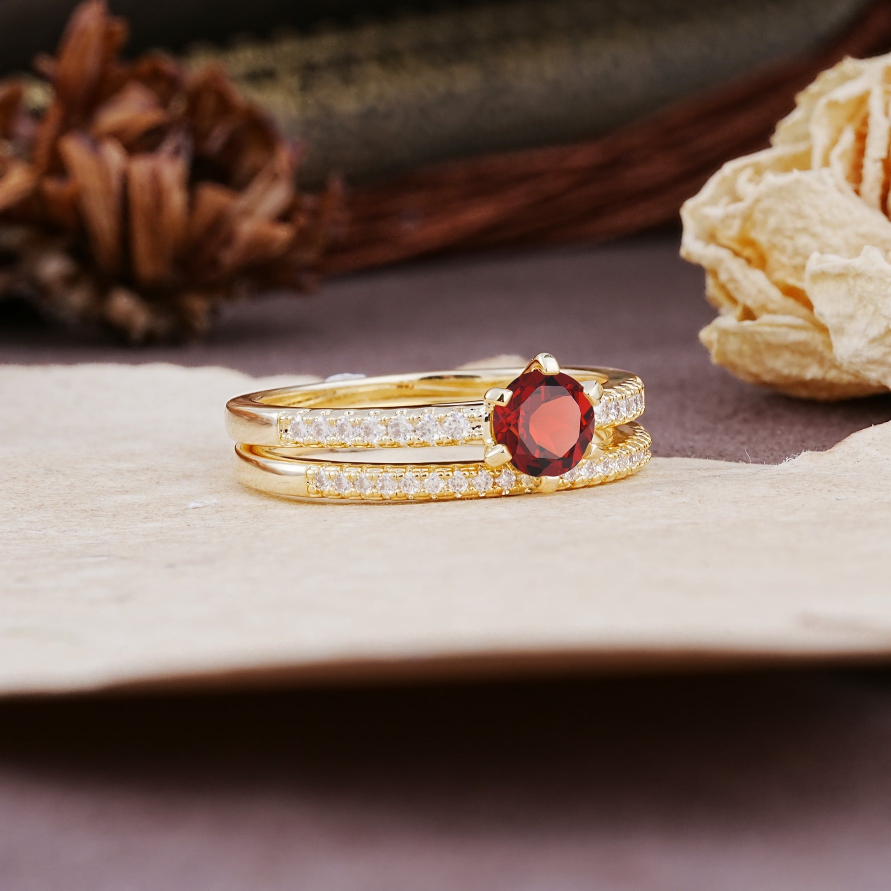 Simple 6 Prong Round Cut Garnet Wedding Bride Ring Set - Additional view