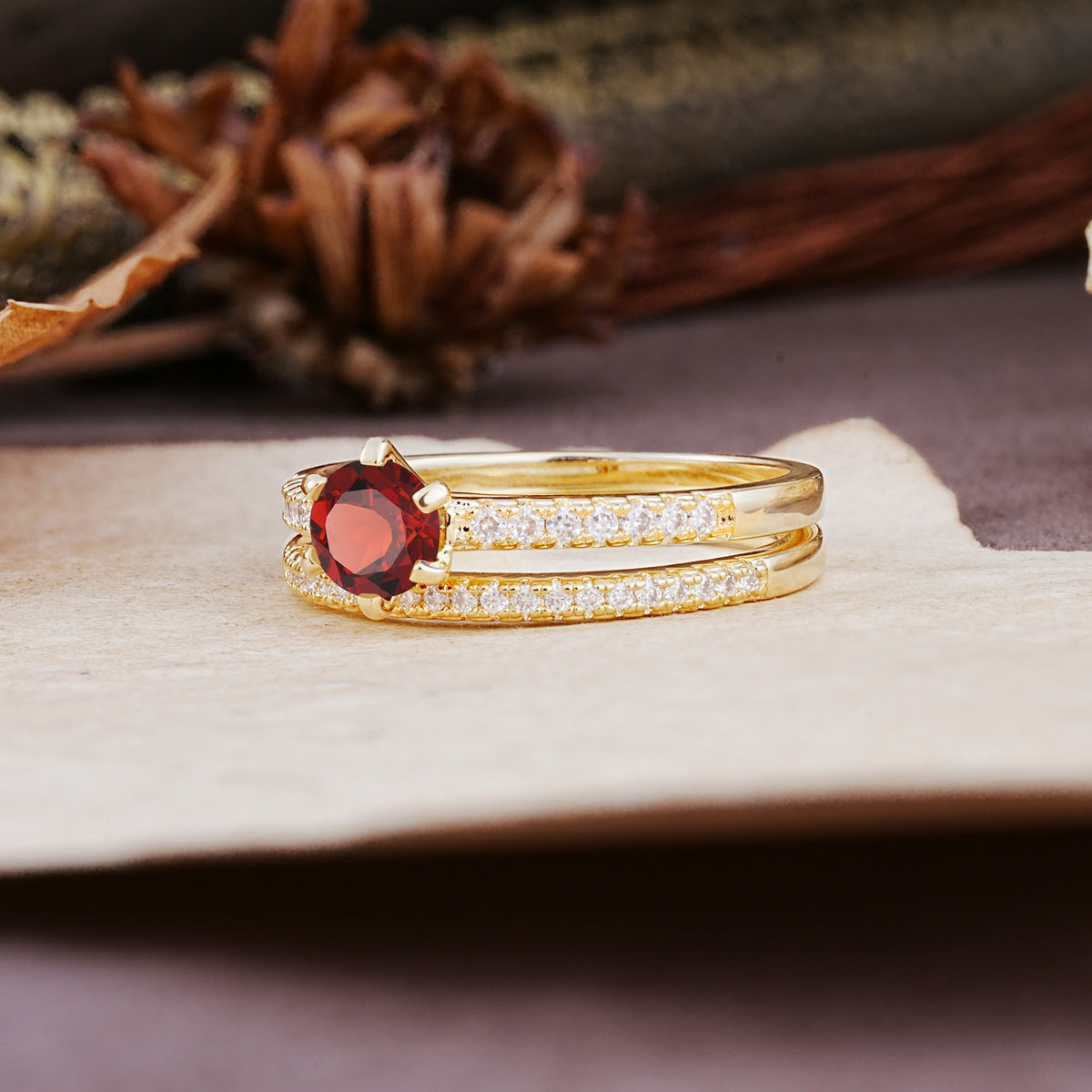 Simple 6 Prong Round Cut Garnet Wedding Bride Ring Set - Additional view