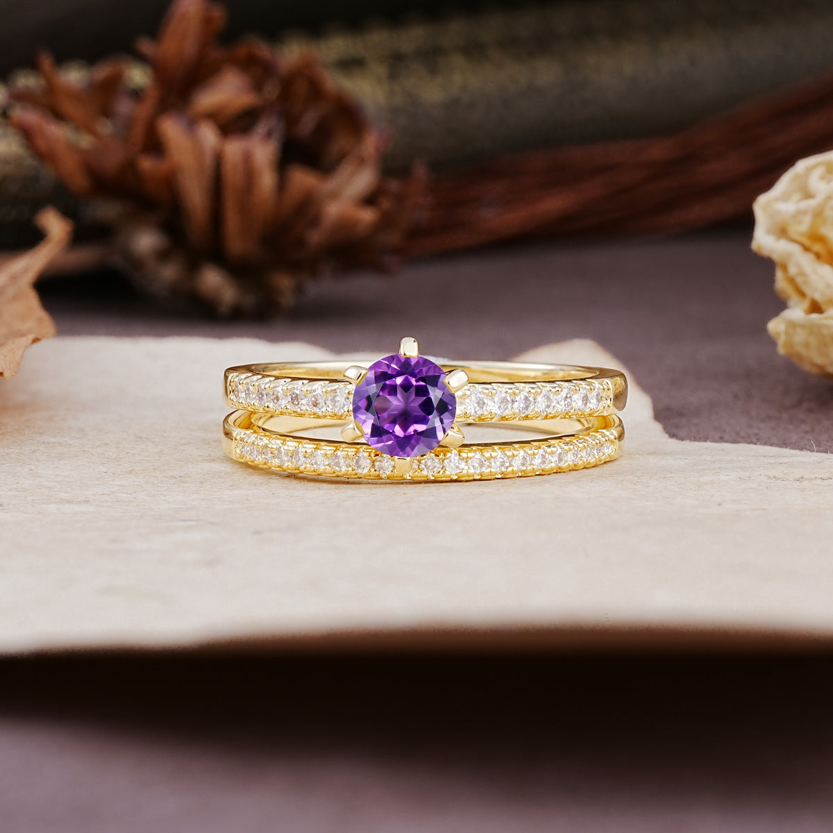 Simple 6 Prong Round Cut Amethyst Wedding Bride Ring Set - Additional view