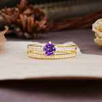 Simple 6 Prong Round Cut Amethyst Wedding Bride Ring Set - Additional view
