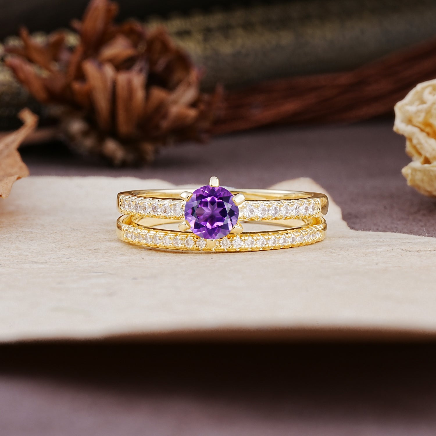Simple 6 Prong Round Cut Amethyst Wedding Bride Ring Set - Additional view