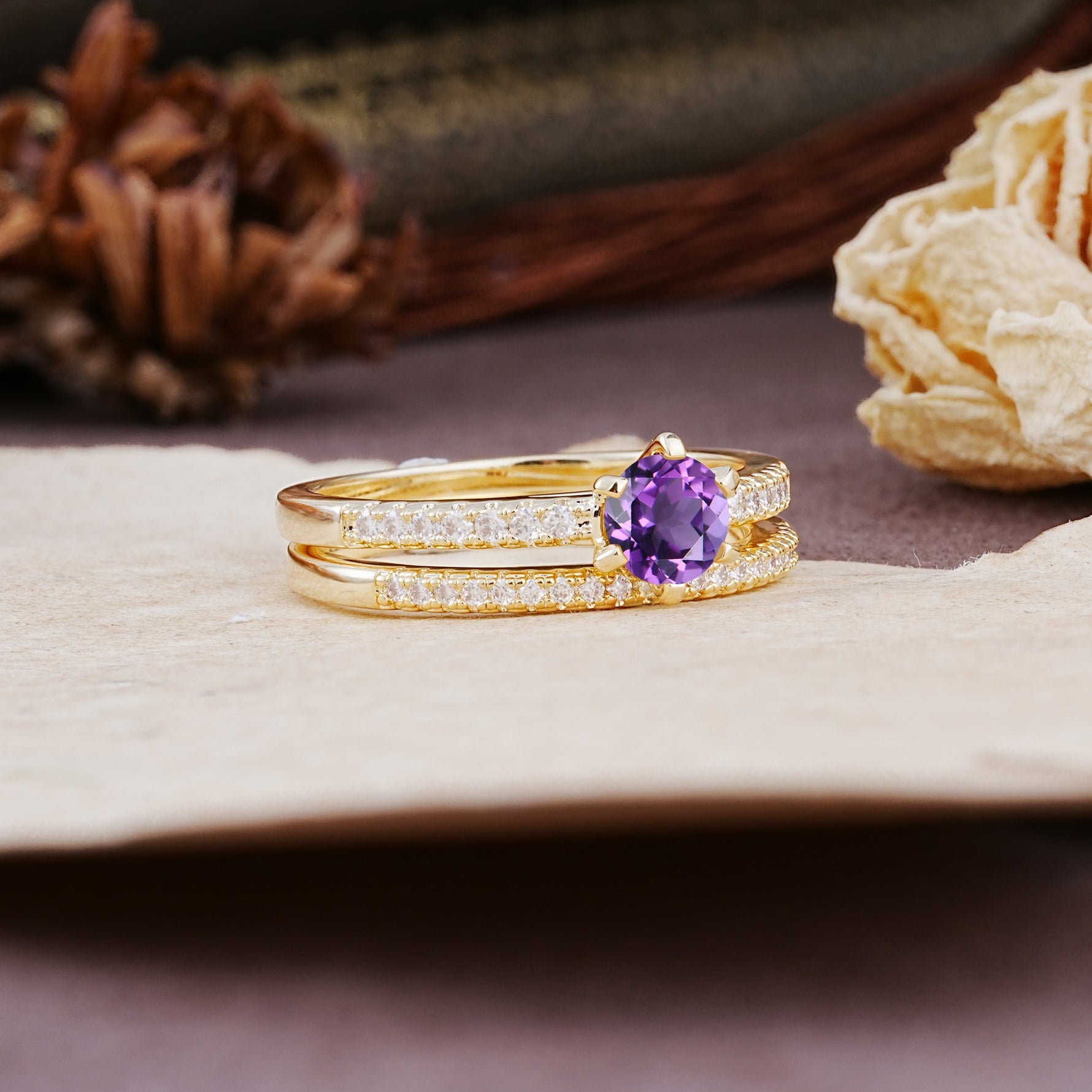 Simple 6 Prong Round Cut Amethyst Wedding Bride Ring Set - Additional view