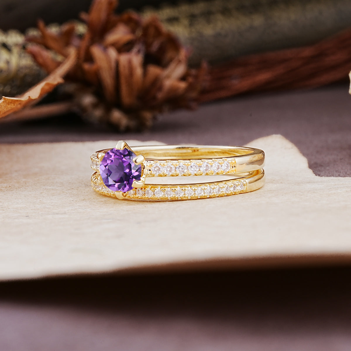 Simple 6 Prong Round Cut Amethyst Wedding Bride Ring Set - Additional view