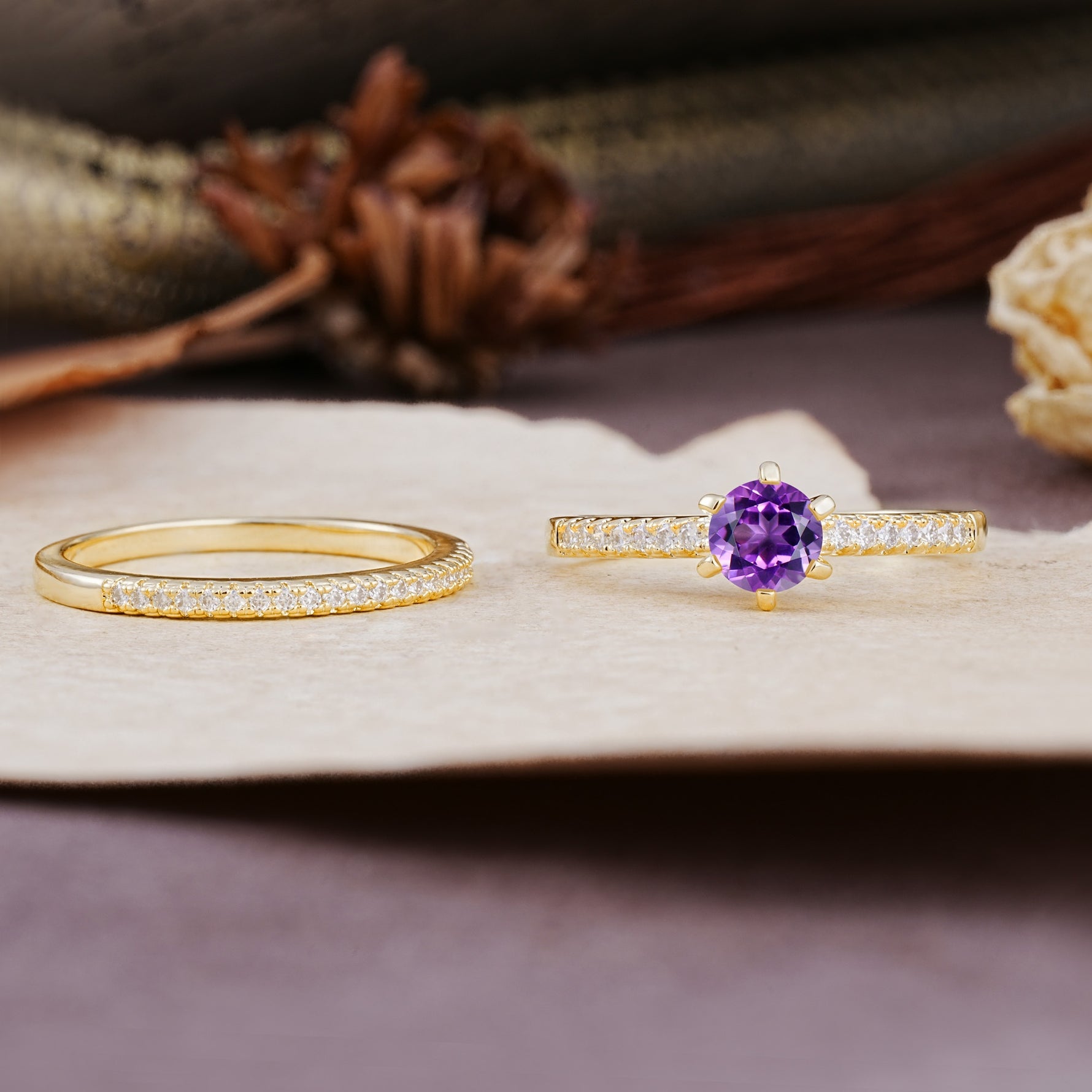Simple 6 Prong Round Cut Amethyst Wedding Bride Ring Set - Additional view