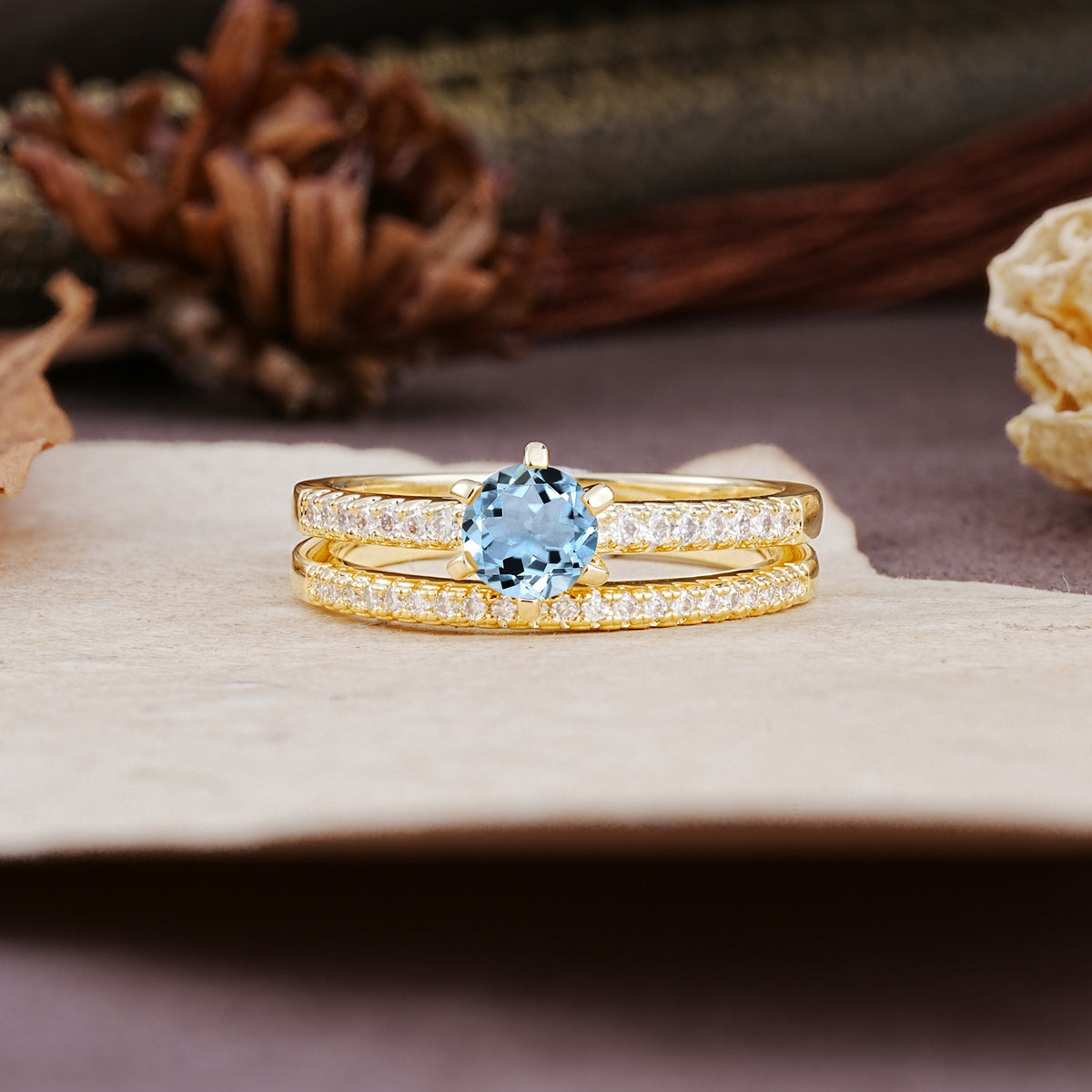 Simple 6 Prong Round Cut Aquamarine Wedding Bride Ring Set - Additional view