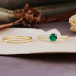 Simple 6 Prong Round Cut Emerald Wedding Bride Ring Set - Additional view
