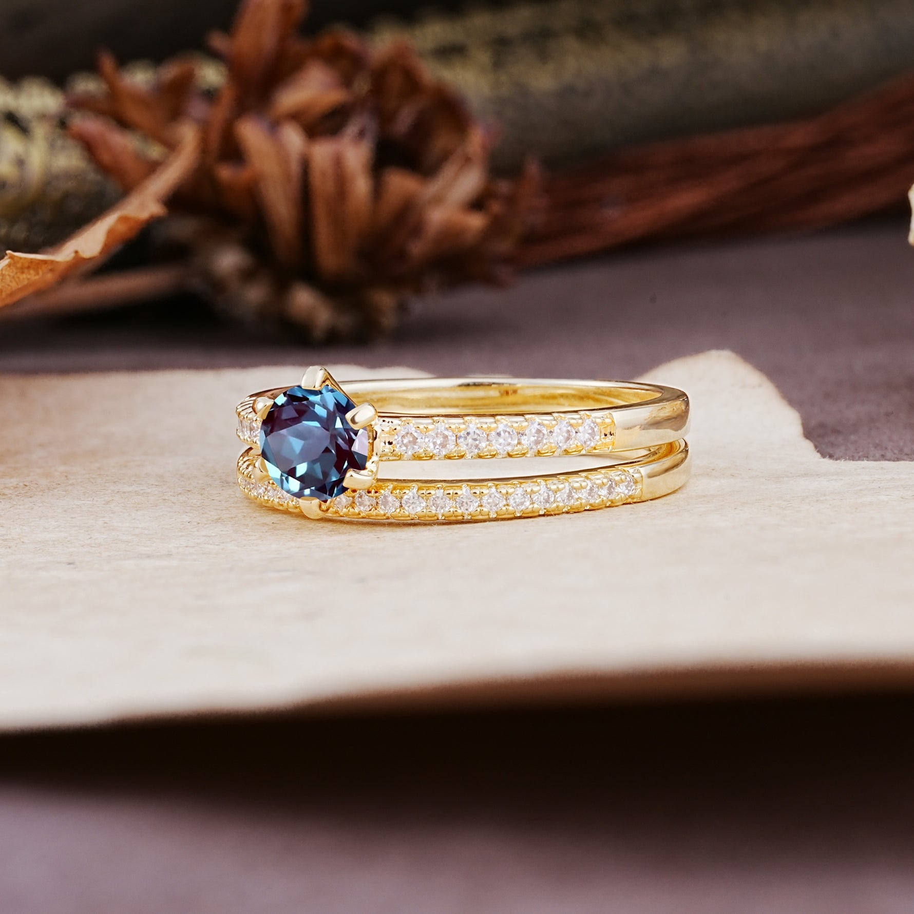 Simple 6 Prong Round Cut Alexandrite Wedding Bride Ring Set - Additional view