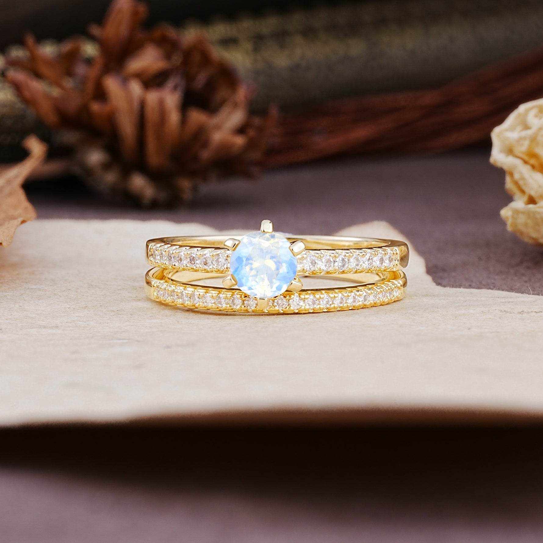 Simple 6 Prong Round Cut Moonstone Wedding Bride Ring Set - Additional view