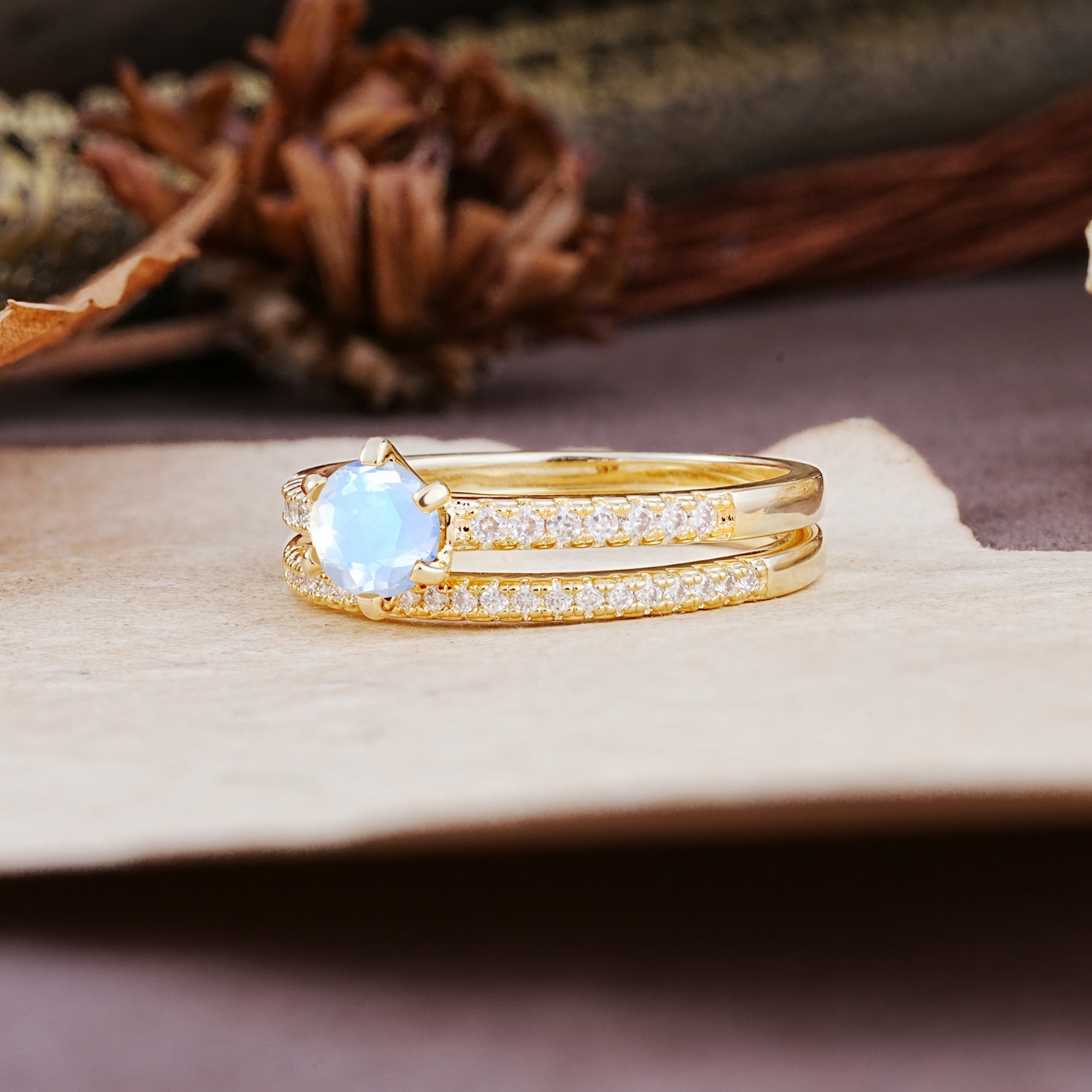 Simple 6 Prong Round Cut Moonstone Wedding Bride Ring Set - Additional view