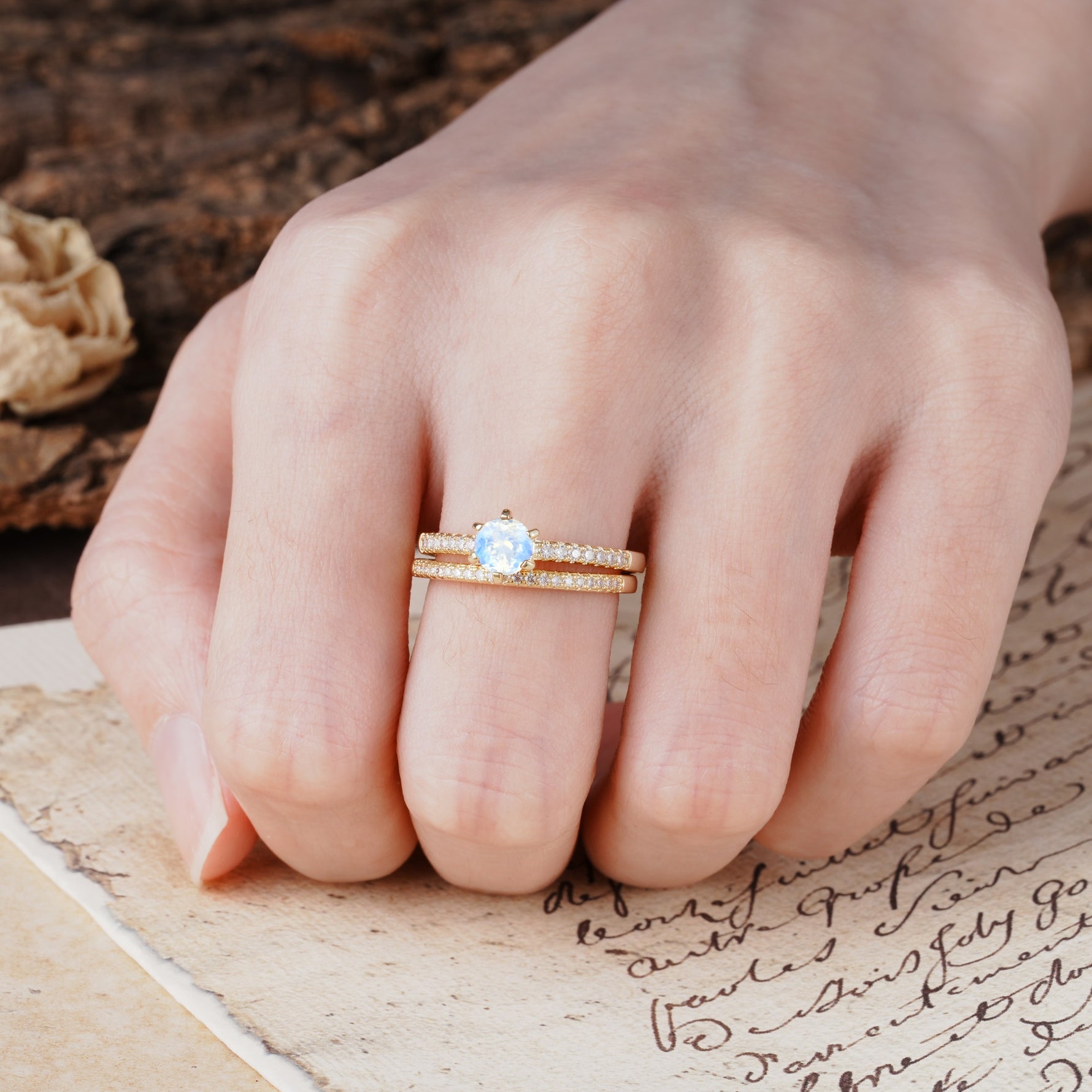 Simple 6 Prong Round Cut Moonstone Wedding Bride Ring Set - Additional view
