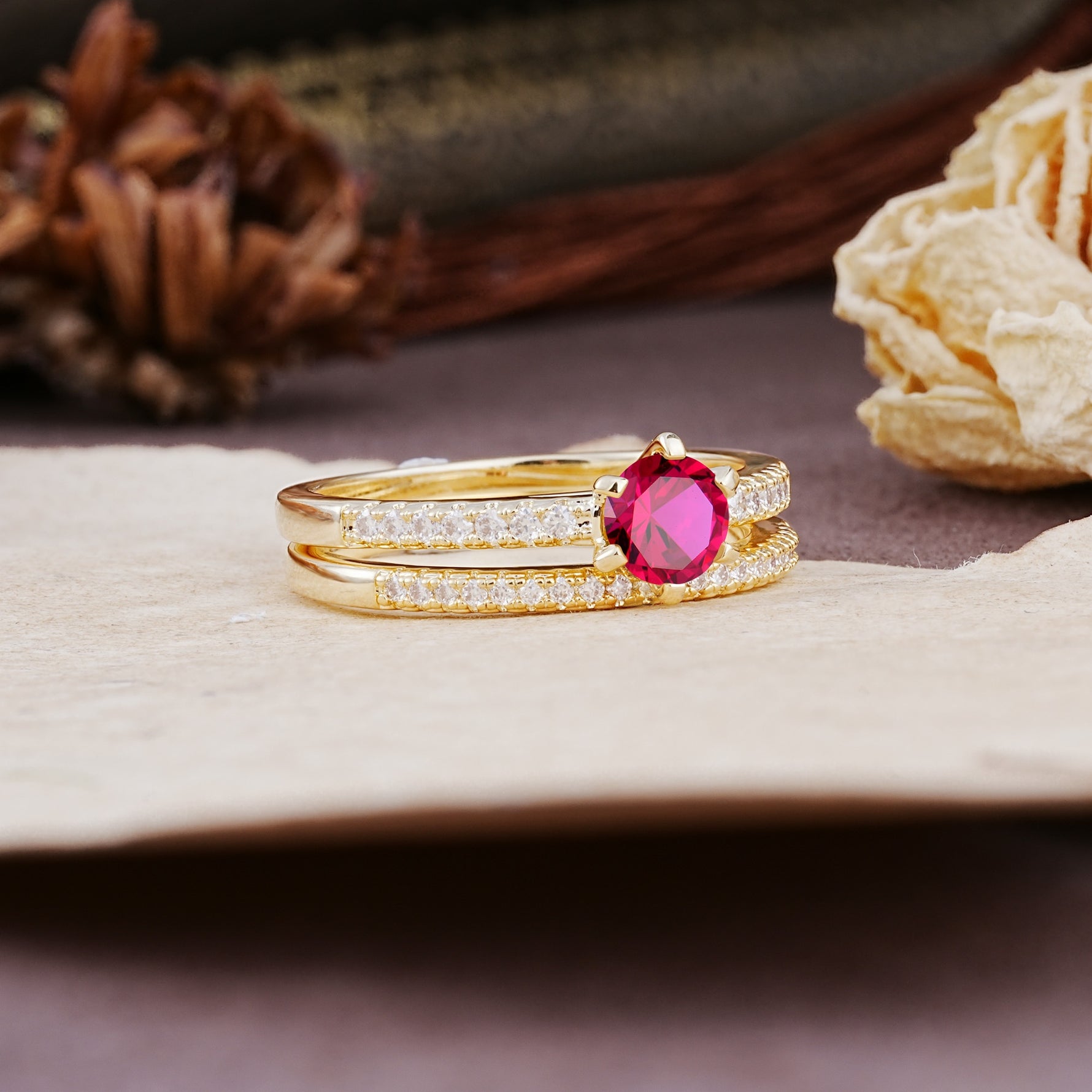Simple 6 Prong Round Cut Ruby Wedding Bride Ring Set - Additional view