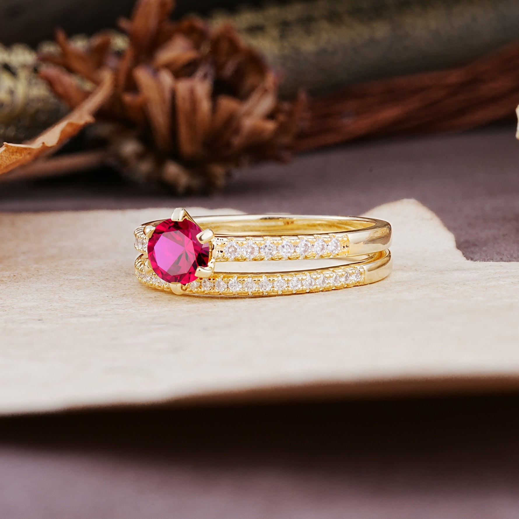 Simple 6 Prong Round Cut Ruby Wedding Bride Ring Set - Additional view