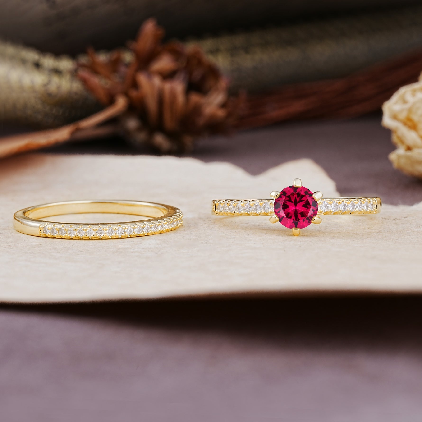 Simple 6 Prong Round Cut Ruby Wedding Bride Ring Set - Additional view