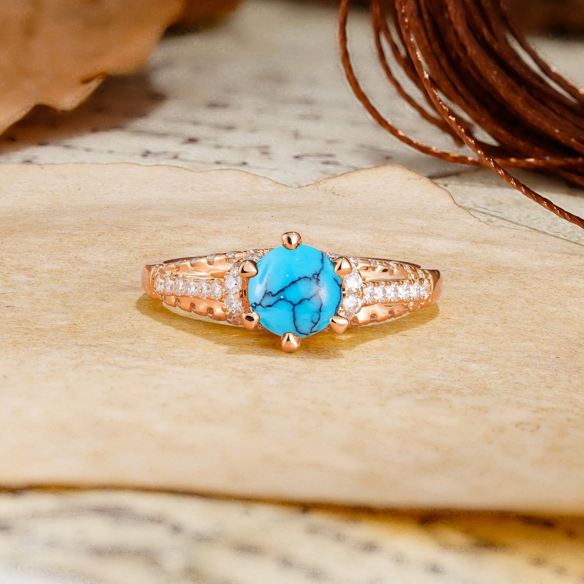 Timeless ClassicRound Cut Turquoise Side Stone Engagement Ring - Additional view
