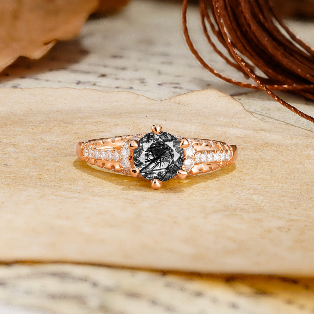 Timeless ClassicRound Cut Black Rutilated Quartz Side Stone Engagement Ring - Additional view