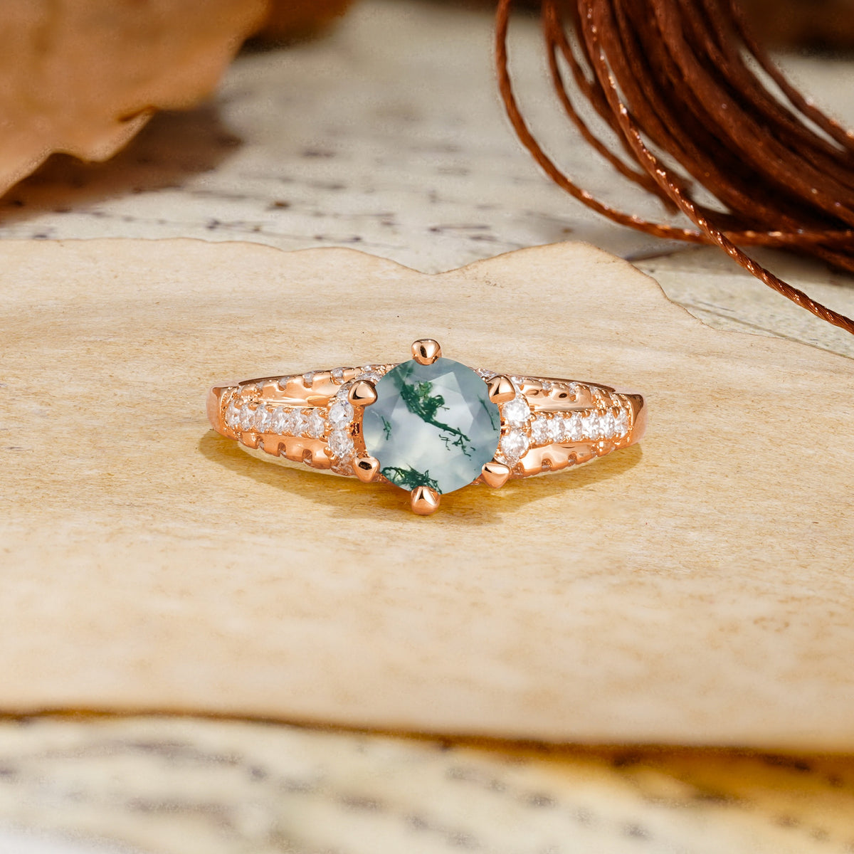 Timeless ClassicRound Cut Moss Agate Side Stone Engagement Ring - Additional view