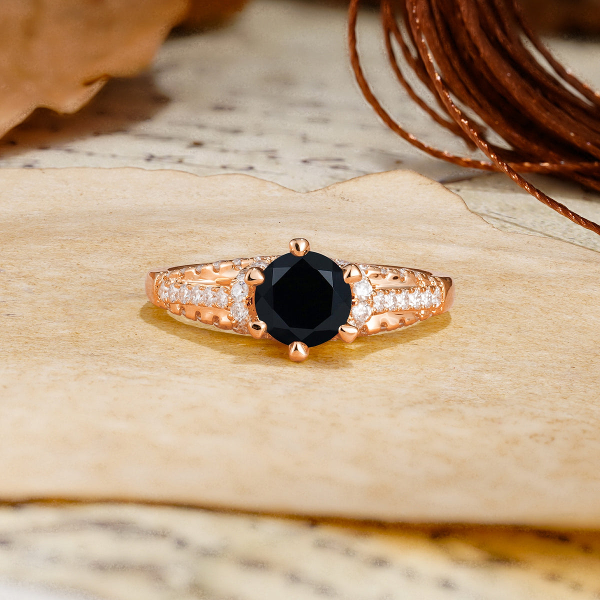 Timeless ClassicRound Cut Black Onyx Side Stone Engagement Ring - Additional view