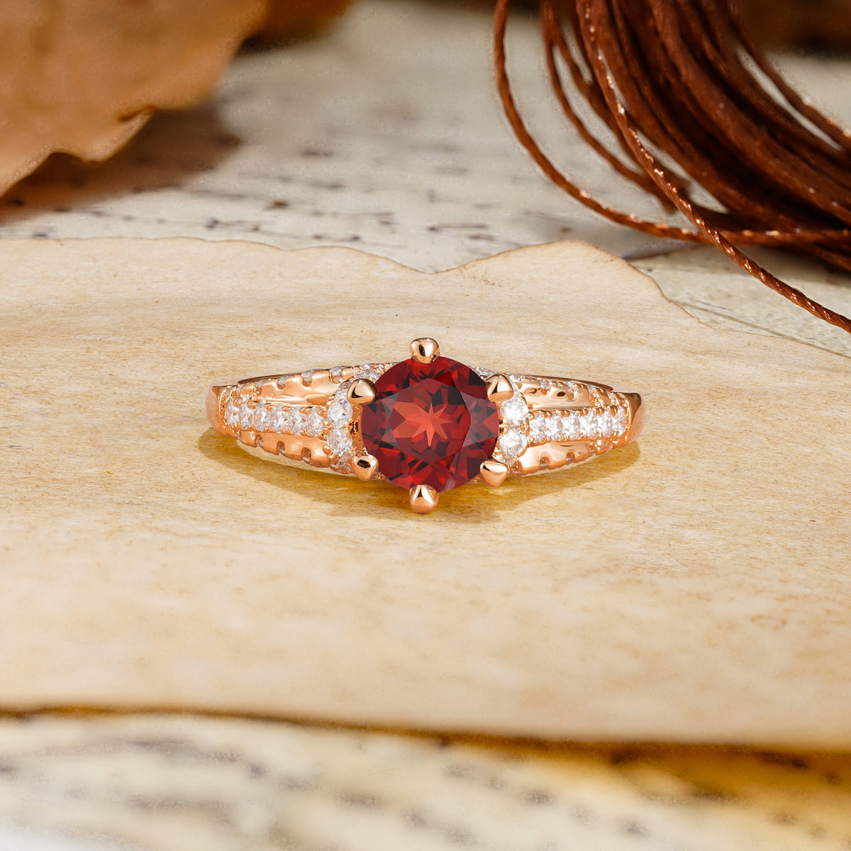 Timeless ClassicRound Cut Garnet Side Stone Engagement Ring - Additional view