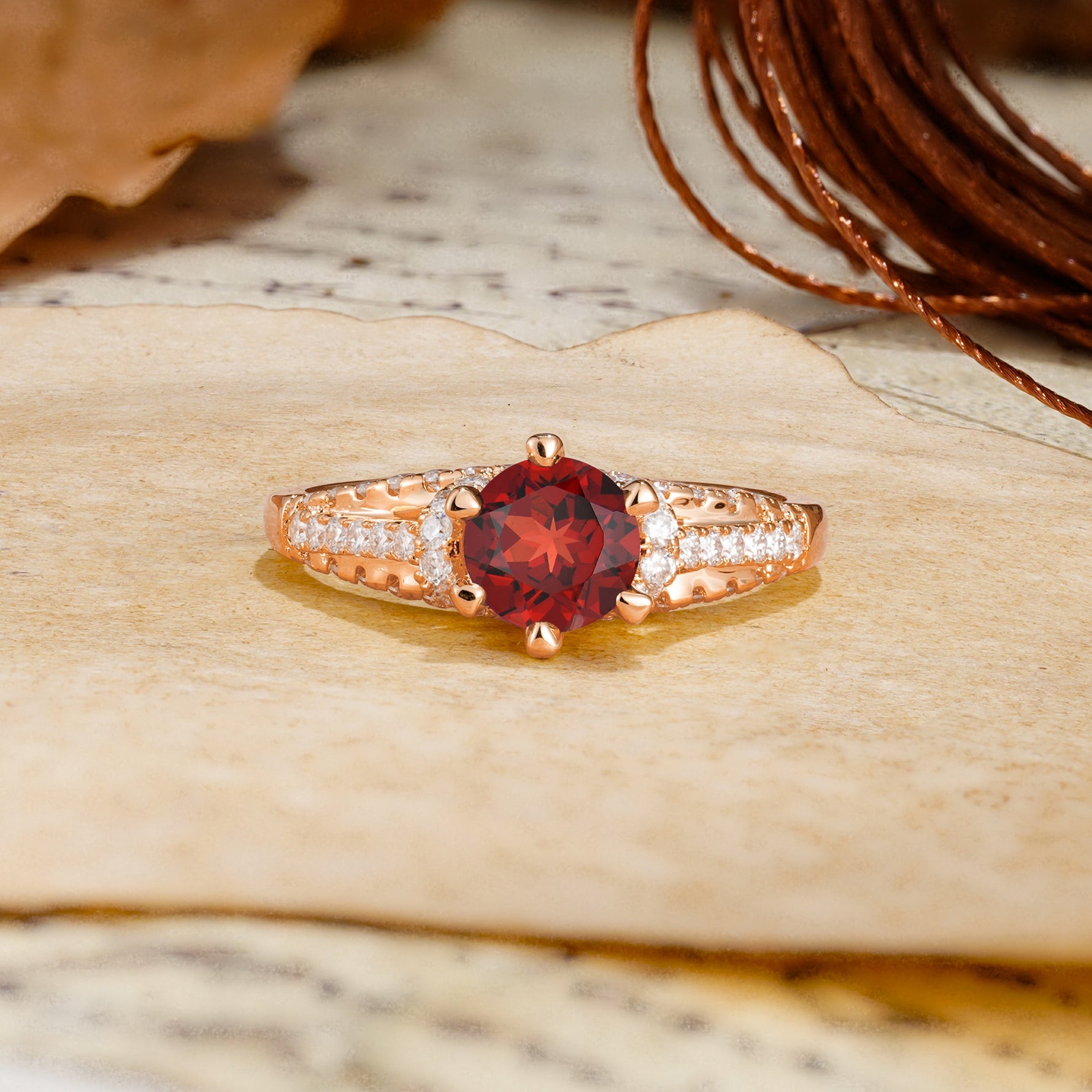 Timeless ClassicRound Cut Garnet Side Stone Engagement Ring - Additional view