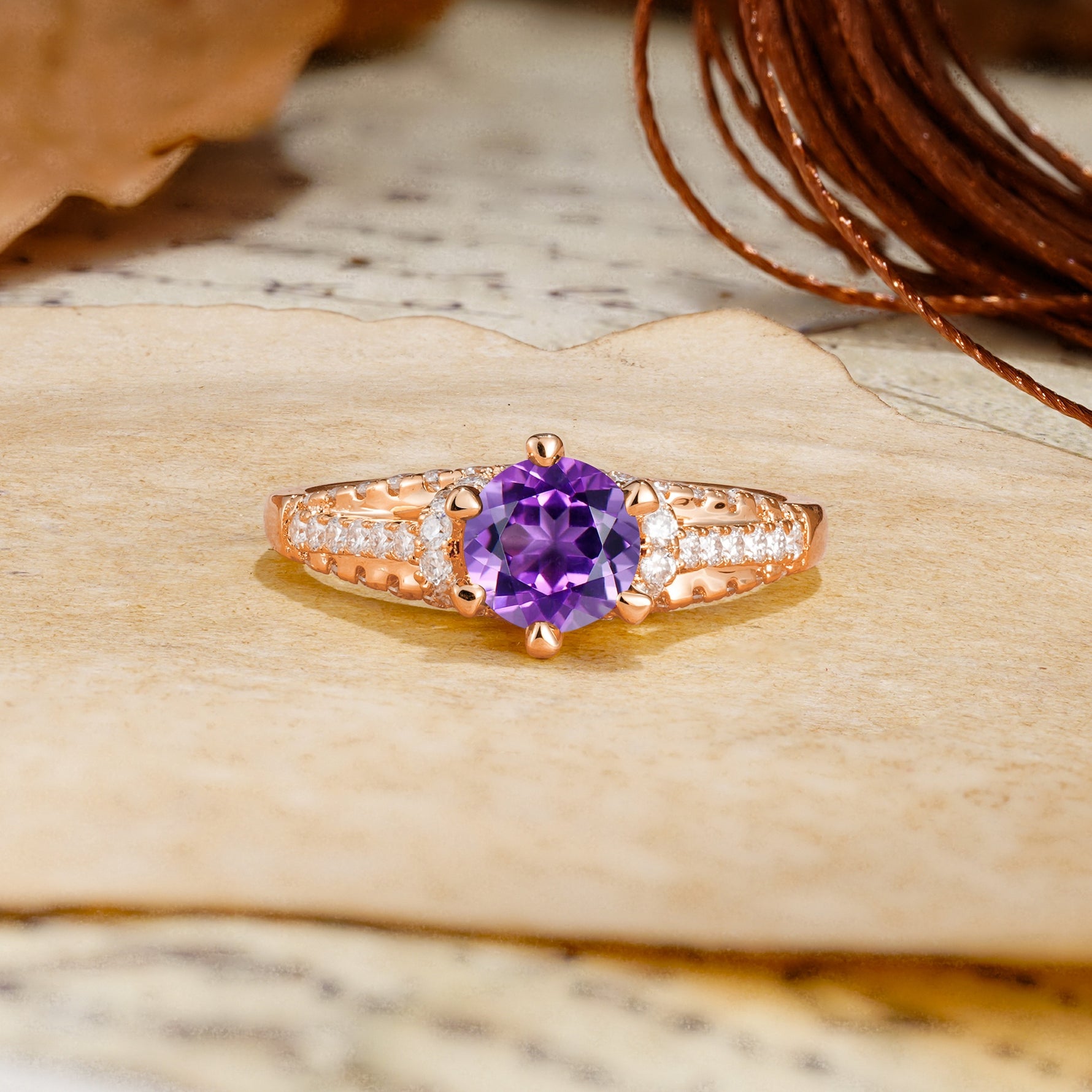 Timeless ClassicRound Cut Amethyst Side Stone Engagement Ring - Additional view