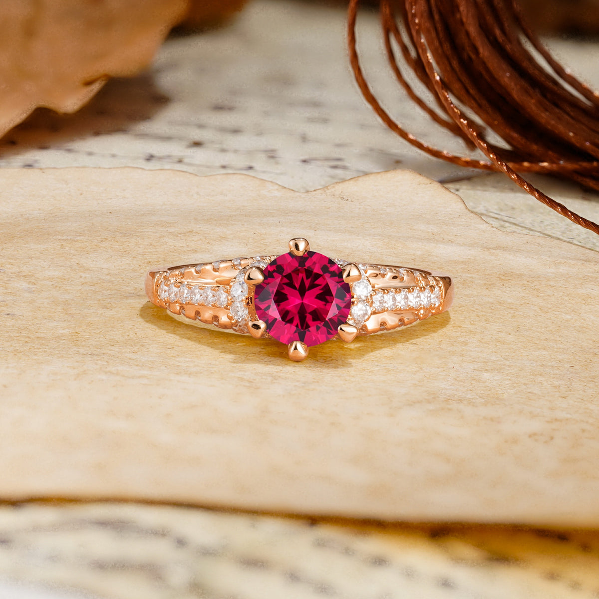 Timeless ClassicRound Cut Ruby Side Stone Engagement Ring - Additional view
