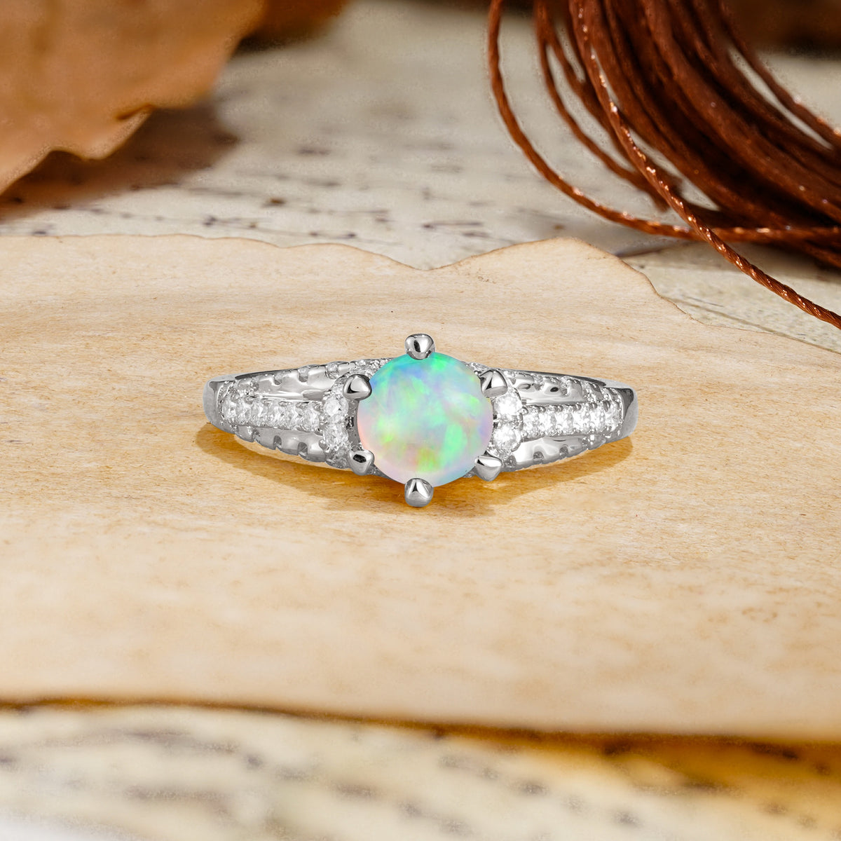 Timeless ClassicRound Cut Fire Opal Side Stone Engagement Ring - Additional view