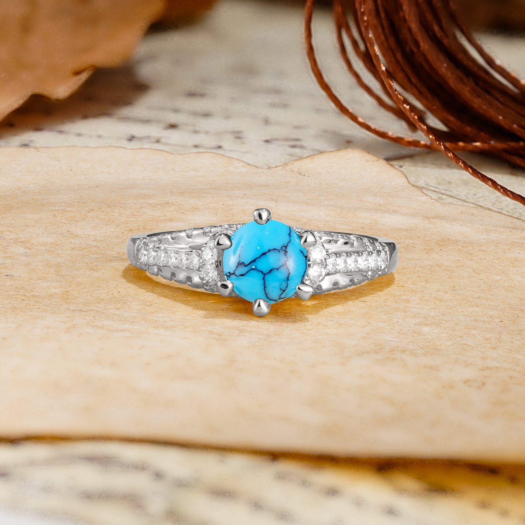 Timeless ClassicRound Cut Turquoise Side Stone Engagement Ring - Additional view