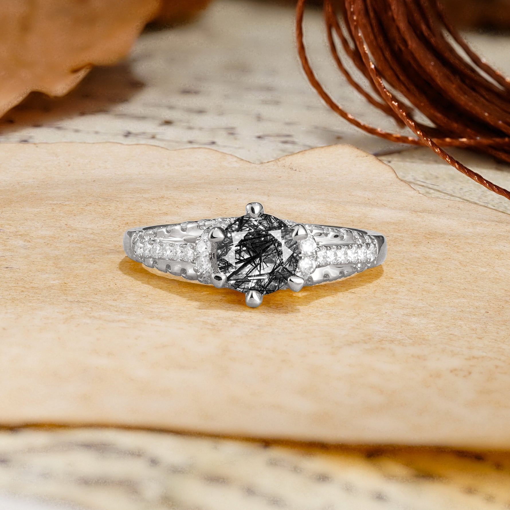 Timeless ClassicRound Cut Black Rutilated Quartz Side Stone Engagement Ring - Additional view