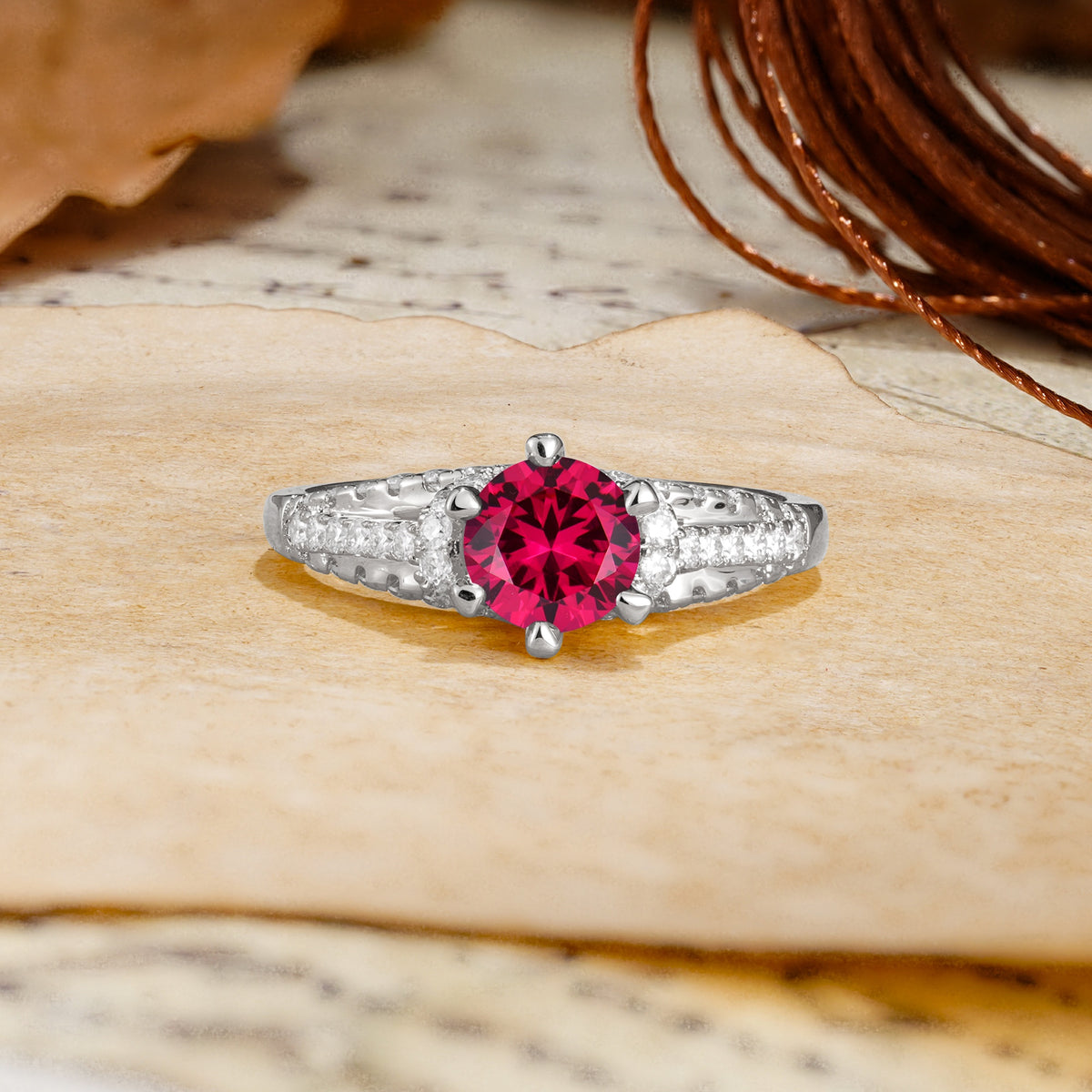 Timeless ClassicRound Cut Ruby Side Stone Engagement Ring - Additional view