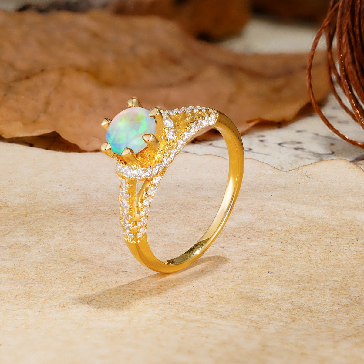 Timeless ClassicRound Cut Fire Opal Side Stone Engagement Ring - Additional view