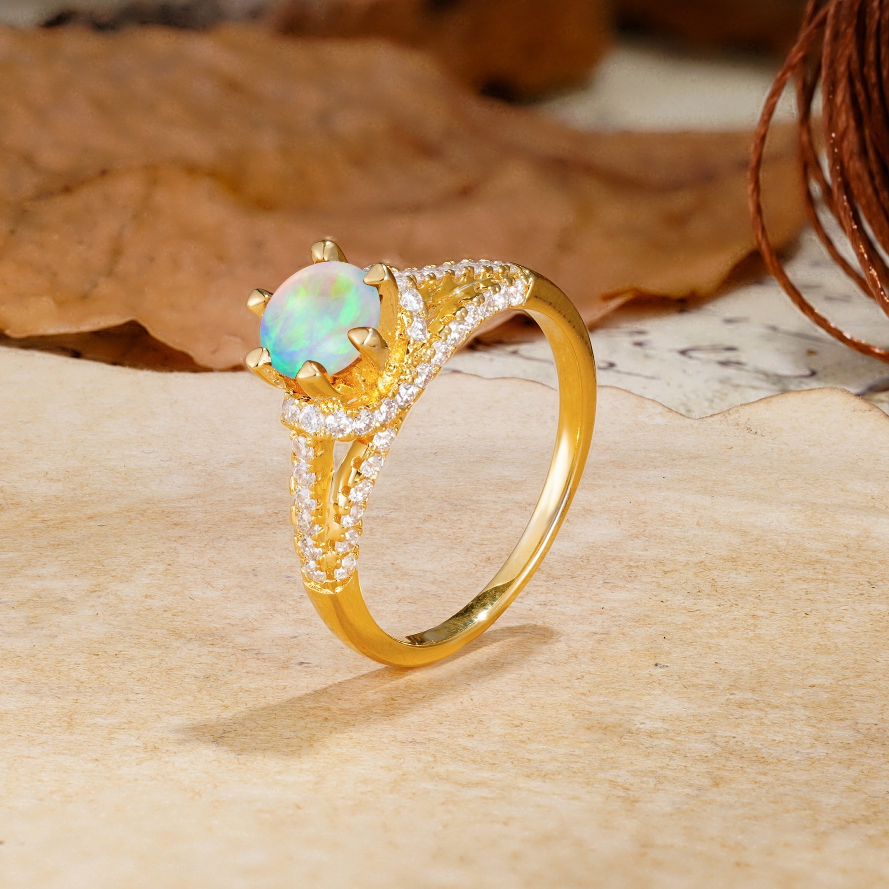 Timeless ClassicRound Cut Fire Opal Side Stone Engagement Ring - Additional view
