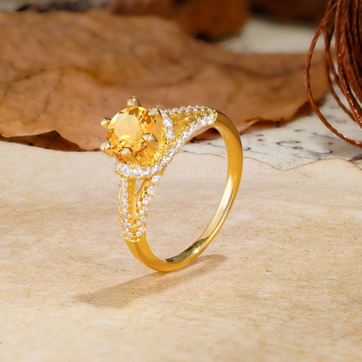 Timeless ClassicRound Cut Citrine Side Stone Engagement Ring - Additional view
