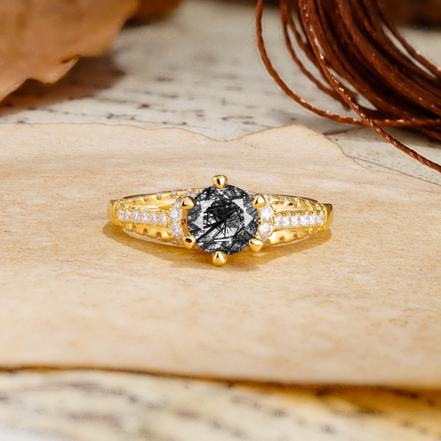 Timeless ClassicRound Cut Black Rutilated Quartz Side Stone Engagement Ring - Additional view