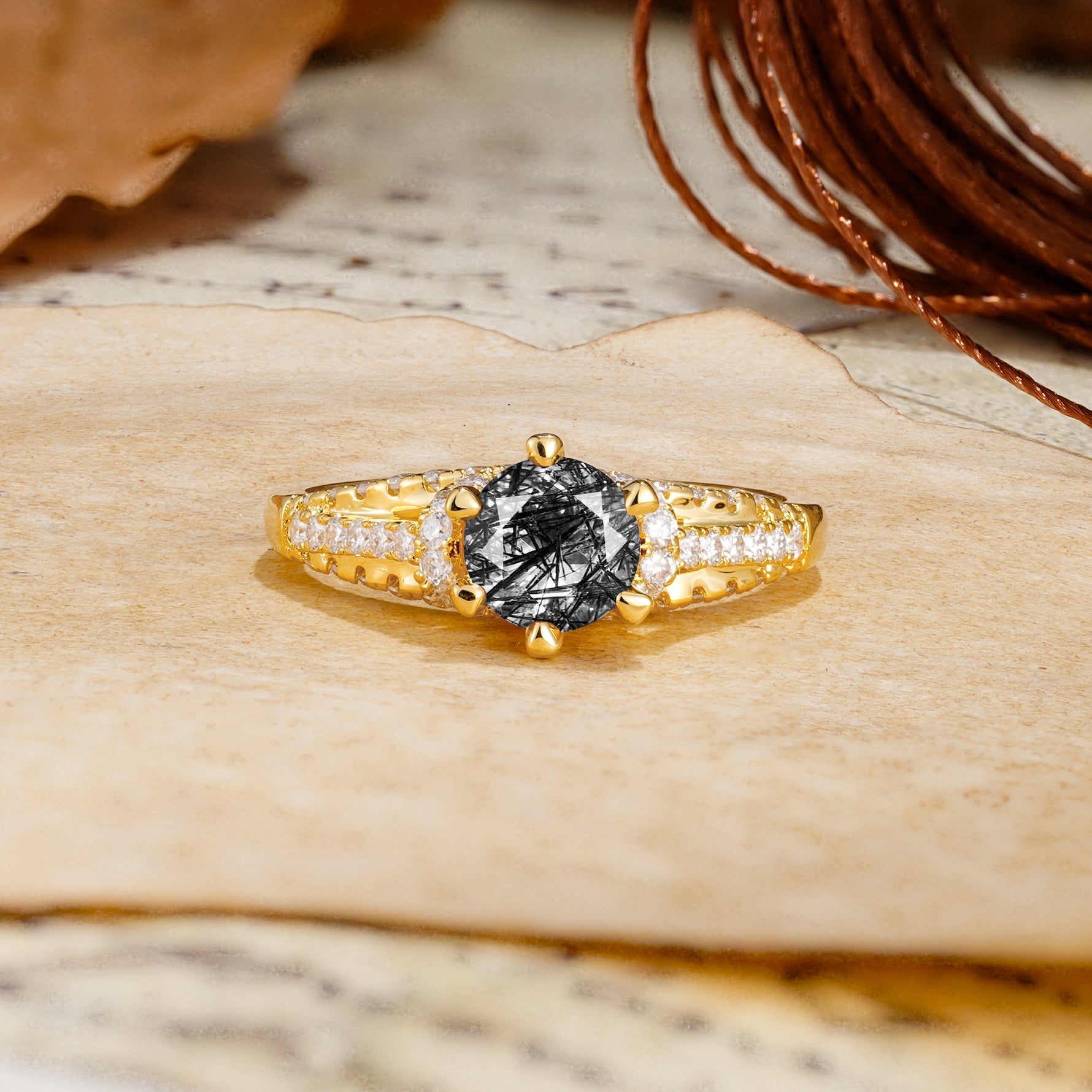 Timeless ClassicRound Cut Black Rutilated Quartz Side Stone Engagement Ring - Additional view